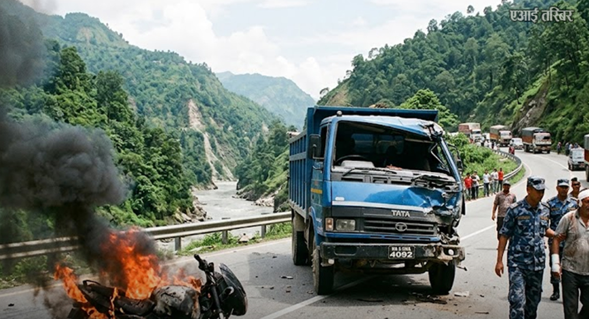 ट्रक ठोक्किँदा मोटरसाइकलमा आगो लागेपछि…